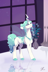 Size: 3087x4673 | Tagged: safe, artist:vindhov, oc, oc only, oc:princess iridescence, changeling, changepony, hybrid, pandoraverse, changeling hybrid, changeling oc, female, insect wings, magical lesbian spawn, mare, next generation, offspring, parent:princess celestia, parent:queen chrysalis, parents:chryslestia, signature, solo, transparent wings