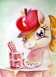 Size: 1922x2666 | Tagged: safe, artist:vindhov, oc, oc only, oc:honeycrisp, apple, apple slice, food, hat, offspring, parent:big macintosh, parent:cheerilee, parents:cheerimac, parfait, solo, traditional art