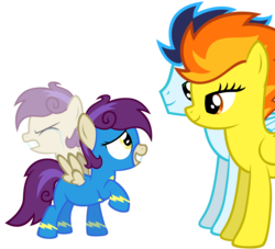 Size: 3297x3000 | Tagged: safe, artist:scourge707, soarin', spitfire, oc, oc:electron, pegasus, pony, g4, clothes, crying, eyes closed, family, female, high res, male, offspring, parent:soarin', parent:spitfire, parents:soarinfire, sad, ship:soarinfire, shipping, show accurate, straight, wing hole, wings, wonderbolts, wonderbolts uniform