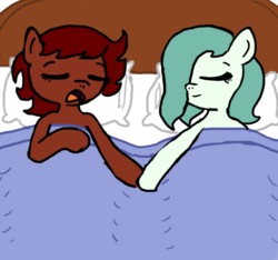 Size: 640x600 | Tagged: safe, artist:ficficponyfic, color edit, edit, oc, oc only, oc:emerald jewel, oc:ruby rouge, colt quest, bed, bedroom, bedsheets, child, color, colored, colt, cute, female, femboy, filly, foal, holding hooves, male, pillow, sleeping, tomboy