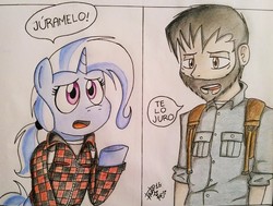 Size: 803x608 | Tagged: safe, artist:suicidemachine363, trixie, human, g4, parody, spanish, the last of us, traditional art, translated in the comments