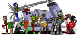 Size: 7300x3500 | Tagged: safe, artist:derpanater, oc, oc only, oc:blackspot, oc:carving doll, oc:couteau duel, oc:flintlock hoof, oc:graceful gust, oc:red steel, oc:shamrock bayonet, pegasus, pony, unicorn, fallout equestria, fallout equestria: dance of the orthrus, absurd resolution, armor, clothes, commission, digital art, group, group shot, piercing, pirate, power armor, powered exoskeleton, vehicle