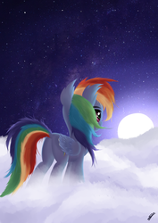 Size: 2893x4092 | Tagged: safe, artist:simonk0, rainbow dash, g4, butt, cloud, female, full moon, moon, night, plot, rear view, solo