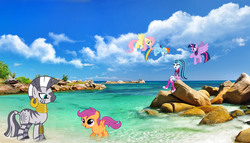 Size: 3500x2000 | Tagged: safe, artist:whynotscenery, fluttershy, rainbow dash, scootaloo, sonata dusk, twilight sparkle, zecora, zebra, equestria girls, g4, beach, cloud, equestria girls in real life, floating, high res, irl, ocean, photo, pointing, ponies in real life, rock, sitting, twilight sparkle (alicorn), vector