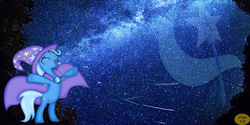 Size: 2560x1280 | Tagged: safe, artist:pablomen13, trixie, pony, unicorn, g4, cape, clothes, cutie mark, eyes closed, female, mare, meteor shower, shooting star, signature, sky, space, stars, trixie's hat, upright, vector, wallpaper