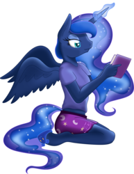 Size: 3000x3878 | Tagged: dead source, safe, artist:theshadowstone, princess luna, alicorn, anthro, unguligrade anthro, g4, book, clothes, cyan eyes, ethereal mane, ethereal tail, female, glowing, glowing horn, high res, highlights, holding, horn, kneeling, long horn, magic, mare, midriff, missing accessory, pajamas, pants, print, reading, shading, shirt, shorts, simple background, slippers, solo, spread wings, starry mane, starry tail, t-shirt, tail, transparent background, turquoise eyes, vector, wings
