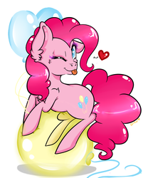 Size: 900x1080 | Tagged: safe, artist:amberony, pinkie pie, earth pony, pony, g4, ;p, balloon, balloon riding, cute, diapinkes, ear fluff, female, floating heart, floppy ears, heart, looking at you, makeup, mare, one eye closed, solo, that pony sure does love balloons, tongue out, wingding eyes, wink