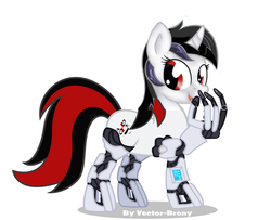 Size: 1615x1310 | Tagged: safe, edit, oc, oc only, oc:blackjack, cyborg, pony, unicorn, fallout equestria, amputee, cutie mark, cybernetic legs, fanfic, fanfic art, female, hooves, horn, level 1 (project horizons), mare, needs more jpeg, open mouth, simple background, solo, white background