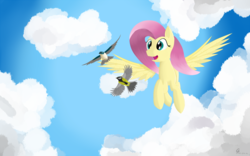 Size: 1600x1000 | Tagged: safe, artist:andelai, fluttershy, bird, g4, cloud, flying, sky