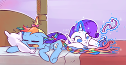 Size: 713x369 | Tagged: safe, artist:raridashdoodles, rainbow dash, rarity, pegasus, pony, unicorn, g4, braided tail, braiding, eyes closed, female, filly, lesbian, open mouth, pigtails, ship:raridash, shipping, this will end in tears, younger