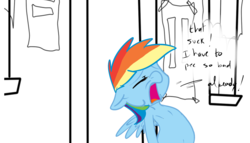 Size: 2480x1417 | Tagged: safe, artist:theponybox696, color edit, edit, rainbow dash, comic:the cutie pee, g4, the cutie map, colored, desperation, engrish, female, need to pee, omorashi, potty dance, potty emergency, potty time, solo, trotting in place