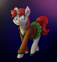 Size: 1280x1391 | Tagged: safe, artist:emberkaese, oc, oc only, oc:velvet pastry, pony, unicorn, clothes, female, fishnet stockings, jacket, mare, pantyhose, pleated skirt, shoes, skirt, solo