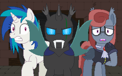 Size: 640x400 | Tagged: safe, artist:herooftime1000, dj pon-3, vinyl scratch, oc, oc:clavus, oc:cryptania, bat pony, changeling, pony, octavia in the underworld's cello, g4, angry, cutscene, determined look, dungeon, fan game, pixel art, scar, scared
