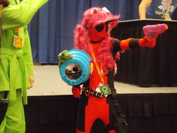 Size: 4608x3456 | Tagged: safe, pinkie pie, human, bronycon, bronycon 2016, g4, clothes, cosplay, costume, deadpool, gun, irl, irl human, marvel, party cannon, photo, pinkiepool, solo, weapon