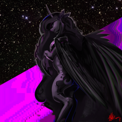 Size: 4000x4000 | Tagged: safe, artist:alumx, princess luna, g4, abstract, absurd resolution, butt, error, female, floppy ears, glitch, looking back at you, monochrome, plot, rearing, signature, solo, space, stars