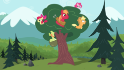 Size: 1280x720 | Tagged: safe, artist:barbra, apple bloom, applejack, big macintosh, granny smith, pinkie pie, earth pony, pony, g4, apple family, apple tree, male, pun, stallion, tree