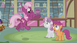 Size: 560x315 | Tagged: safe, screencap, cheerilee, scootaloo, sweetie belle, pony, g4, hearts and hooves day (episode), animated, female, flailing, floating, hearts and hooves day, hoofy-kicks, loop, open mouth, sugarcube corner
