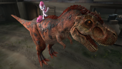 Size: 1920x1080 | Tagged: safe, artist:bboy9451, pinkie pie, dinosaur, tyrannosaurus rex, g4, 3d, ark survival evolved, back ride, looking at you, pet, riding, smiling, source filmmaker, waving