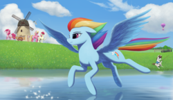 Size: 3400x1953 | Tagged: safe, artist:mrscroup, derpy hooves, hondo flanks, lily, lily valley, pinkie pie, rainbow dash, roseluck, earth pony, pegasus, pony, unicorn, g4, backwards cutie mark, female, flying, hot air balloon, lake, mare, windmill