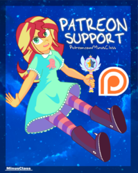 Size: 765x962 | Tagged: safe, artist:minusclass, sunset shimmer, equestria girls, g4, boots, clothes, clothes swap, crossover, cute, disney, dress, female, looking at you, magic wand, open mouth, patreon, patreon logo, smiling, socks, solo, star butterfly, star vs the forces of evil, striped socks