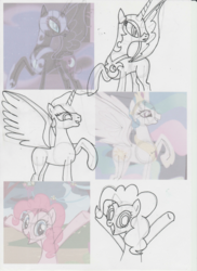 Size: 1702x2339 | Tagged: safe, artist:lazy-turtle, edit, edited screencap, screencap, nightmare moon, pinkie pie, princess celestia, friendship is magic, g4, anatomy, drawing, sketch, sketch dump, study, traditional art