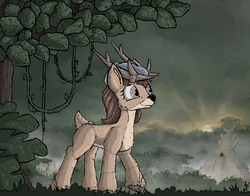 Size: 1292x1012 | Tagged: safe, artist:yahmos, oc, oc only, deer, female, forest, hat, jungle, mayan, pyramid, solo, sunrise