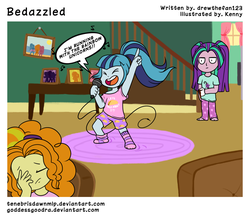 Size: 1235x1077 | Tagged: safe, artist:goddessgoodra, artist:tenebrisdawn, adagio dazzle, aria blaze, sonata dusk, comic:bedazzled, equestria girls, g4, chibi, clothes, facepalm, microphone, pajamas, singing, the dazzlings