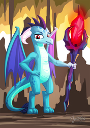 Size: 1169x1655 | Tagged: safe, artist:mysticalpha, princess ember, dragon, g4, gauntlet of fire, bipedal, bloodstone scepter, dragon lord ember, female, queen, solo