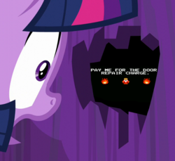 Size: 629x576 | Tagged: safe, edit, edited screencap, screencap, twilight sparkle, alicorn, pony, amending fences, g4, my little pony: friendship is magic, door, fire, old man (legend of zelda), text, the legend of zelda, twilight sparkle (alicorn), wide eyes