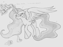 Size: 1182x875 | Tagged: safe, artist:lockerobster, princess celestia, alicorn, pony, g4, blushing, crown, dressing, embarrassed, female, floppy ears, gray background, hoof shoes, implied anon, jewelry, levitation, lidded eyes, looking away, looking down, magic, mare, missing accessory, monochrome, nudity, offscreen character, raised hoof, regalia, shy, simple background, solo, sparkles, spread wings, telekinesis, tiara, underhoof, we don't normally wear clothes, wings