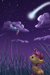 Size: 2000x3000 | Tagged: safe, artist:sessalisk, rainbow dash, scootaloo, g4, bittersweet, cloud, female, sad, scootaloo can't fly, scootasad, shooting star