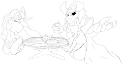 Size: 7809x4088 | Tagged: safe, artist:firefanatic, princess celestia, alicorn, pony, g4, absurd resolution, asgore dreemurr, black and white, crossover, duo, fluffy, food, grayscale, monochrome, pie, rough sketch, tea, undertale