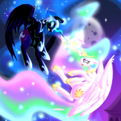 Size: 3000x3000 | Tagged: safe, artist:roaert, nightmare moon, princess celestia, g4, crying, fight, high res, magic, redraw