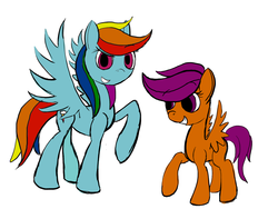 Size: 2000x1500 | Tagged: safe, artist:minosua, rainbow dash, scootaloo, g4, cute, pose, quick draw