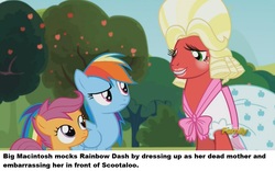 Size: 1253x783 | Tagged: safe, edit, edited screencap, screencap, big macintosh, rainbow dash, scootaloo, earth pony, pony, brotherhooves social, g4, season 5, bloomers, clothes, crossdressing, dress, female, filly, foal, frown, grin, hilarious in hindsight, lidded eyes, lipstick, looking up, male, mare, orchard blossom, ponestrip, raised eyebrow, smiling, stallion, wat, wig