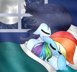 Size: 1024x964 | Tagged: safe, artist:northlights8, rainbow dash, soarin', pony, g4, bed, cuddling, female, male, ship:soarindash, shipping, sleeping, snuggling, spooning, straight