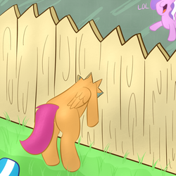 Size: 1000x1000 | Tagged: safe, artist:lamia, diamond tiara, scootaloo, pony, g4, butt, dialogue, fail, fence, funny, lol, plot, scootacrash, stuck