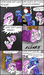 Size: 1273x2176 | Tagged: safe, artist:ciriliko, princess celestia, princess luna, alicorn, pony, g4, :o, bad dream, bed, boop, bump, charlie brown, comic, creeper, crossover, crying, cute, dream, eyes closed, female, filly, filly celestia, filly luna, floppy ears, hug, injured, it was all a dream, nightmare, on back, one eye closed, peanuts, prone, sad, shivering, slenderman, wavy mouth, wide eyes, wink, woona, younger