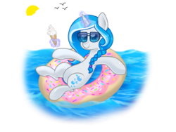 Size: 1600x1200 | Tagged: safe, artist:kaikururu, oc, oc only, oc:bubble lee, beach, commission, food, glowing horn, horn, ice cream, ice cream cone, magic, simple background, solo, sunglasses, telekinesis, transparent background, ych result