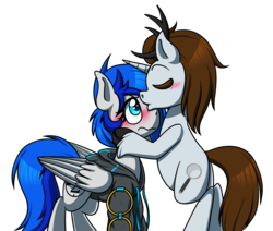 Size: 2955x2500 | Tagged: safe, artist:alittleofsomething, oc, oc only, oc:platinum, oc:sapphire sights, pegasus, pony, unideer, blushing, clothes, female, forehead kiss, high res, jacket, kissing, male, oc x oc, shipping, straight