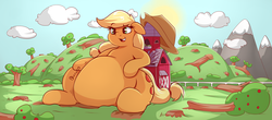 Size: 3000x1316 | Tagged: safe, artist:graphenescloset, applejack, earth pony, pony, g4, apple tree, applefat, applejack's hat, barn, belly, big belly, cloud, cowboy hat, fat, female, giant pony, hat, huge belly, macro, morbidly obese, obese, solo, stomach noise, sweet apple acres, tree