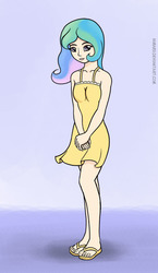 Size: 688x1187 | Tagged: safe, artist:nimaru, princess celestia, human, g4, clothes, dress, female, humanized, sandals, solo