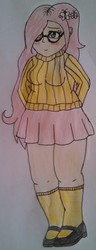 Size: 1024x2661 | Tagged: safe, artist:wolf, fluttershy, human, g4, blushing, chubby, clothes, fat, fattershy, female, glasses, humanized, mary janes, pleated skirt, shoes, skirt, socks, solo, sweater, sweatershy, traditional art