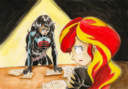 Size: 3506x2456 | Tagged: safe, artist:souleatersaku90, sunset shimmer, equestria girls, g4, baroness, crossover, g.i. joe, high res, interrogation, sweat