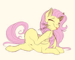 Size: 2000x1589 | Tagged: safe, artist:evehly, fluttershy, pegasus, pony, g4, :p, behaving like a dog, belly button, cute, eyes closed, female, flexible, fluffy, flutterdog, majestic as fuck, mare, prone, shyabetes, simple background, solo, tongue out, underhoof, white background