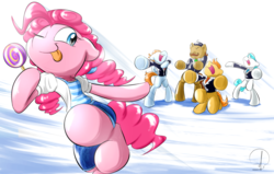 Size: 1700x1080 | Tagged: safe, artist:phuocthiencreation, pinkie pie, oc, semi-anthro, g4, candy, clothes, food, lollipop