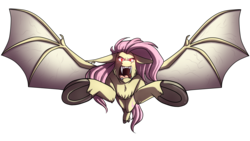 Size: 3840x2160 | Tagged: safe, artist:namyg, fluttershy, bat pony, pony, g4, female, floppy ears, flutterbat, flying, flying at you, growling, high res, race swap, simple background, solo, transparent background, underhoof