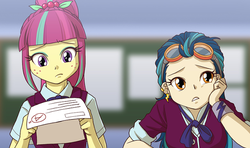 Size: 640x379 | Tagged: safe, artist:uotapo, indigo zap, sour sweet, human, equestria girls, g4, cropped, duo, duo female, female