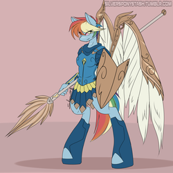 Size: 2000x2000 | Tagged: safe, artist:silverfox057, rainbow dash, anthro, unguligrade anthro, g4, armor, female, high res, shield, solo, spear, weapon, wing armor