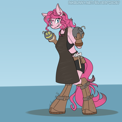 Size: 2000x2000 | Tagged: safe, artist:silverfox057, pinkie pie, earth pony, anthro, unguligrade anthro, g4, bomb, boots, clothes, female, grin, hammer, high res, smiling, solo, toolbelt, weapon